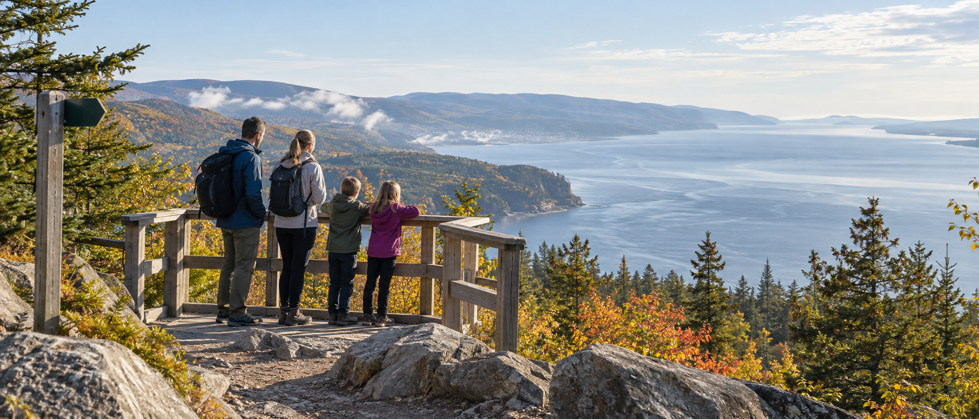 Famille observant le fleuve Saint-Laurent depuis Charlevoix